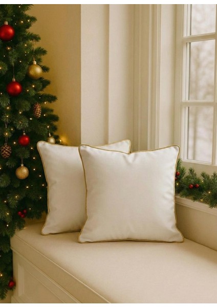 2'li Set Krem - Sarı Biyeli - Dekoratif Kırlent Kılıfı - Modern Yılbaşı Konseptli