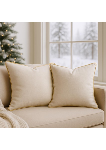 2'li Set Krem - Sarı Biyeli - Dekoratif Kırlent Kılıfı - Modern Yılbaşı Konseptli fiyatları