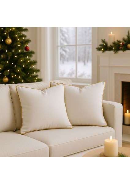 2'li Set Krem - Sarı Biyeli - Dekoratif Kırlent Kılıfı - Modern Yılbaşı Konseptli modelleri