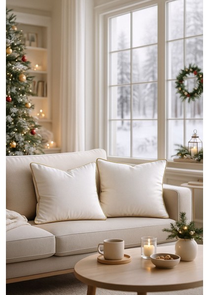 2'li Set Krem - Sarı Biyeli - Dekoratif Kırlent Kılıfı - Modern Yılbaşı Konseptli fırsatları