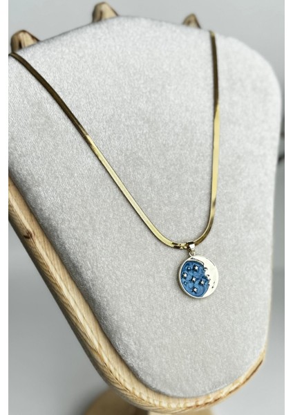 Premium Seri Italyan Zincirli Mineli Gece Tasarım 45 cm Kadın Çelik Kolye Altın