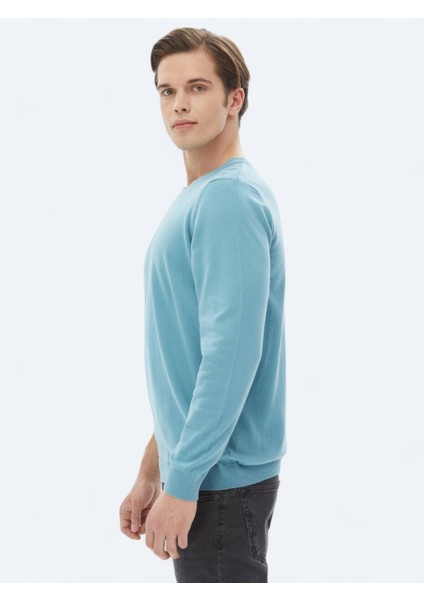 Koyu Mint Bisiklet Yaka Düz Örgü Pamuk Karışımlı Triko Kazak