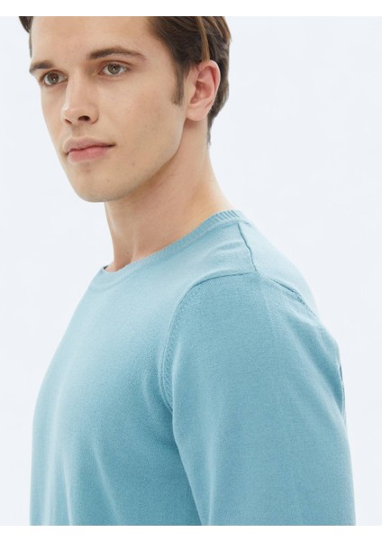 Koyu Mint Bisiklet Yaka Düz Örgü Pamuk Karışımlı Triko Kazak