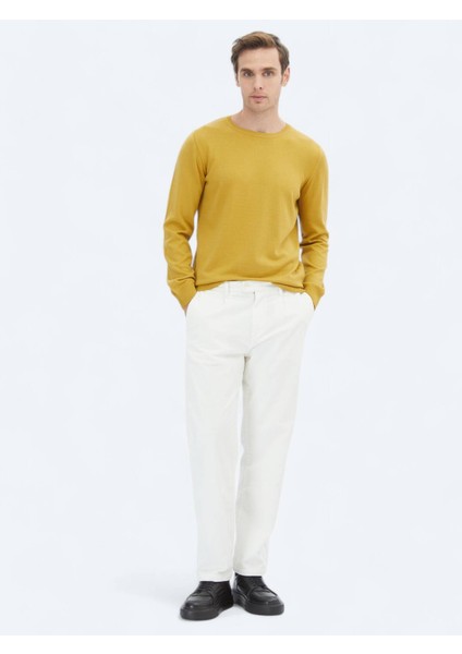 Sarı Bisiklet Yaka Düz Örgü Pamuk Karışımlı Triko Kazak