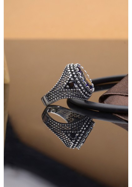 Mavi Mistik Topaz Taşlı Motifli 925 Ayar Gümüş Erkek Yüzük