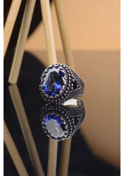 Mavi Mistik Topaz Taşlı Motifli 925 Ayar Gümüş Erkek Yüzük fiyatları