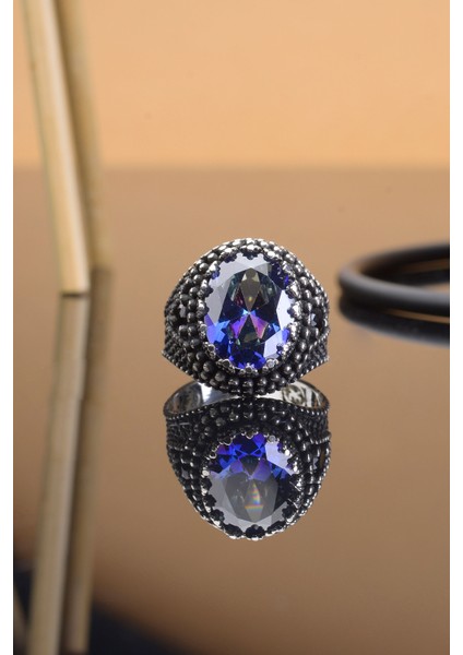 Mavi Mistik Topaz Taşlı Motifli 925 Ayar Gümüş Erkek Yüzük modelleri