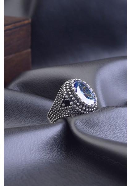 Mavi Mistik Topaz Taşlı Motifli 925 Ayar Gümüş Erkek Yüzük fırsatları