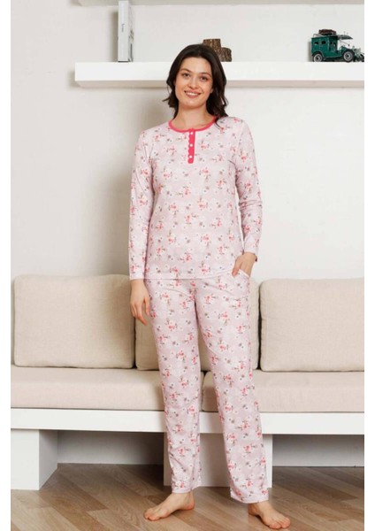 Çiçek Desenli Kadın Pijama Takımı - 3 Düğmeli Uzun Kol Likralı Viskon 2845UY