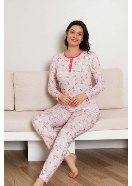 Çiçek Desenli Kadın Pijama Takımı - 3 Düğmeli Uzun Kol Likralı Viskon 2845UY fiyatları