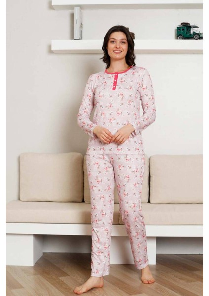 Çiçek Desenli Kadın Pijama Takımı - 3 Düğmeli Uzun Kol Likralı Viskon 2845UY modelleri