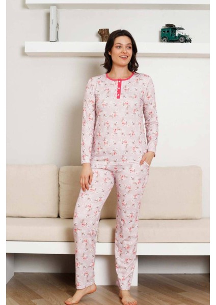 Çiçek Desenli Kadın Pijama Takımı - 3 Düğmeli Uzun Kol Likralı Viskon 2845UY fırsatları