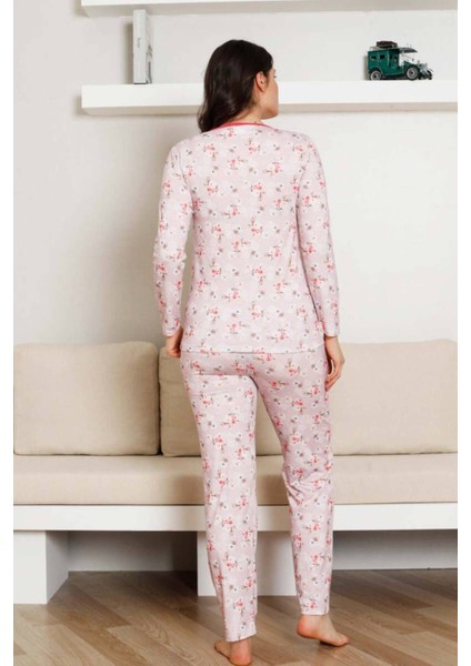 Çiçek Desenli Kadın Pijama Takımı - 3 Düğmeli Uzun Kol Likralı Viskon 2845UY indirimleri