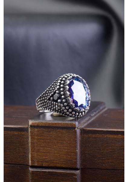 Mavi Mistik Topaz Taşlı Motifli 925 Ayar Gümüş Erkek Yüzük