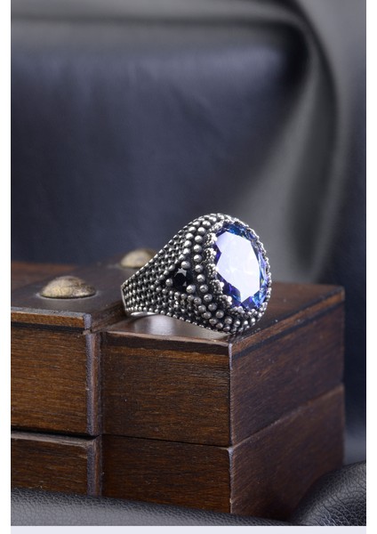 Mavi Mistik Topaz Taşlı Motifli 925 Ayar Gümüş Erkek Yüzük