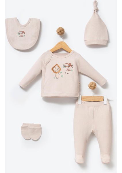 %100 Organik Pamuk Kumaş Baby Jungle Nakışlı 5 Parça Yenidoğan Hastane Çıkış Seti