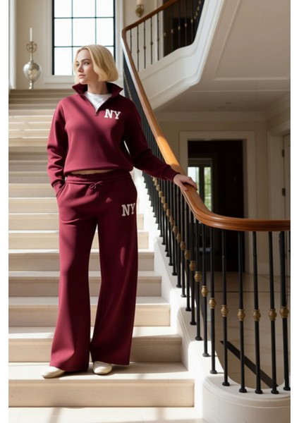 Genç Kız Nakış Detaylı Dik Yaka Yarım Fermuarlı Wideleg Geniş Paça Örme Eşofman Takımı Şık