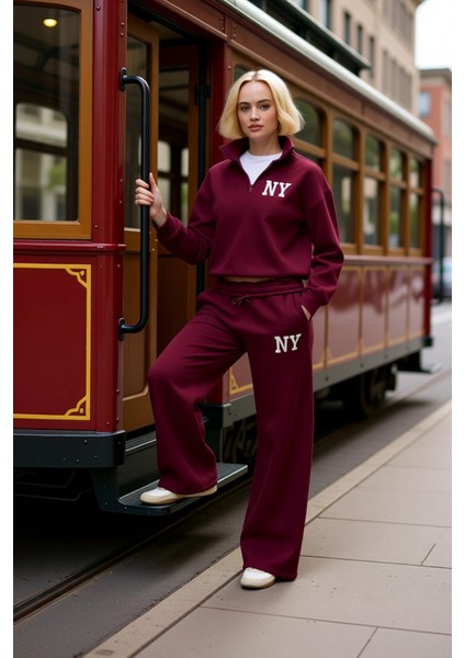 Genç Kız Nakış Detaylı Dik Yaka Yarım Fermuarlı Wideleg Geniş Paça Örme Eşofman Takımı Şık modelleri