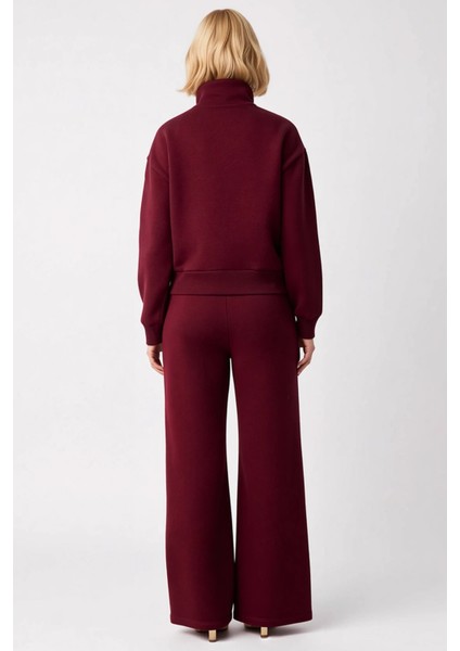 Genç Kız Nakış Detaylı Dik Yaka Yarım Fermuarlı Wideleg Geniş Paça Örme Eşofman Takımı Şık indirimleri