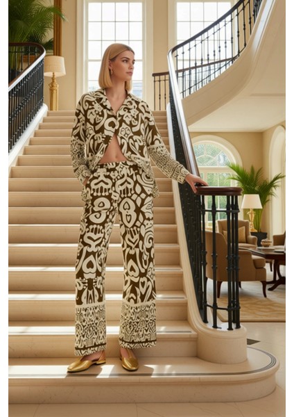 Kadın Alt Üst Şal Desenli Gömlek Pantolon Takımı Yazlık Rahat Kalıp Günlük Kullanım Fonksiyonel Şık