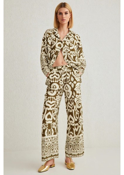 Kadın Alt Üst Şal Desenli Gömlek Pantolon Takımı Yazlık Rahat Kalıp Günlük Kullanım Fonksiyonel Şık fırsatları