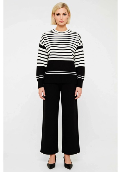 Kadın Alt Üst Geniş Kalıp Çizgili Triko Kazak ve Düz Paça Pantolon Takımı Gün Boyu Konforlu Şıklık fırsatları
