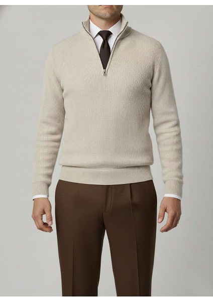 Italyan Stil Slim Fit Fermuarlı Polo Yaka Triko Kazak Bej T14942