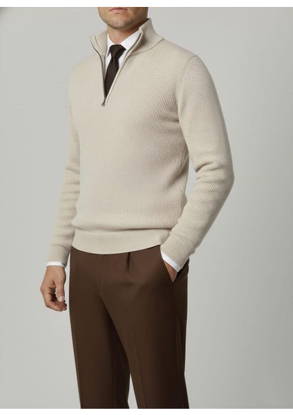 Italyan Stil Slim Fit Fermuarlı Polo Yaka Triko Kazak Bej T14942 fiyatları