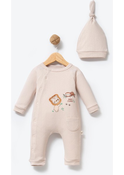 %100 Organik Pamuk Kumaş Baby Jungle Nakışlı Patiksiz Bebek Tulum