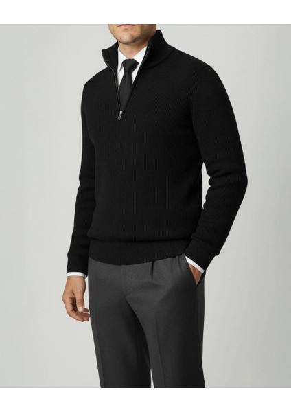 Italyan Stil Slim Fit Fermuarlı Polo Yaka Triko Kazak Siyah T14944