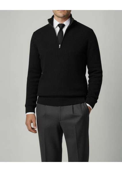 Italyan Stil Slim Fit Fermuarlı Polo Yaka Triko Kazak Siyah T14944 fiyatları