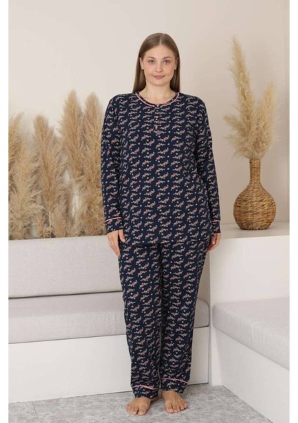 Büyük Beden Pijama Takımı - Çiçek Desen Uzun Kol Likralı Penye 2885UKB