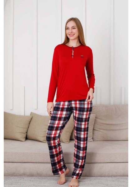 Kareli Kadın Pijama Takımı - 3 Düğme Uzun Kol Likralı Viskon 2848UY