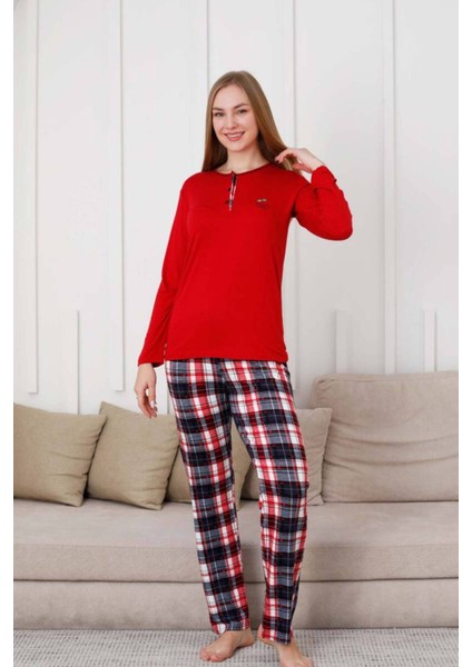 Kareli Kadın Pijama Takımı - 3 Düğme Uzun Kol Likralı Viskon 2848UY modelleri