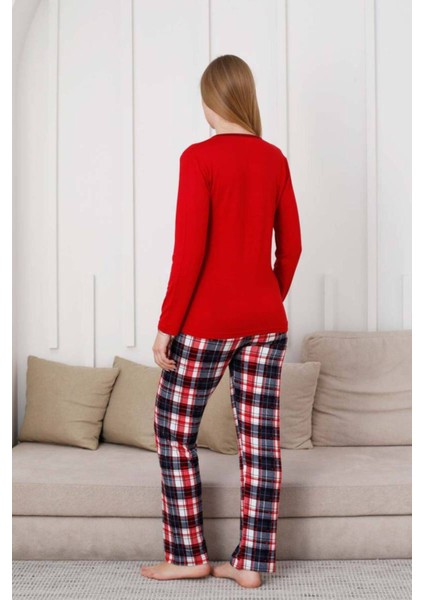 Kareli Kadın Pijama Takımı - 3 Düğme Uzun Kol Likralı Viskon 2848UY indirimleri