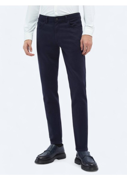 Lacivert Dokuma Slim Fit Casual Pamuk Karışımlı Pantolon