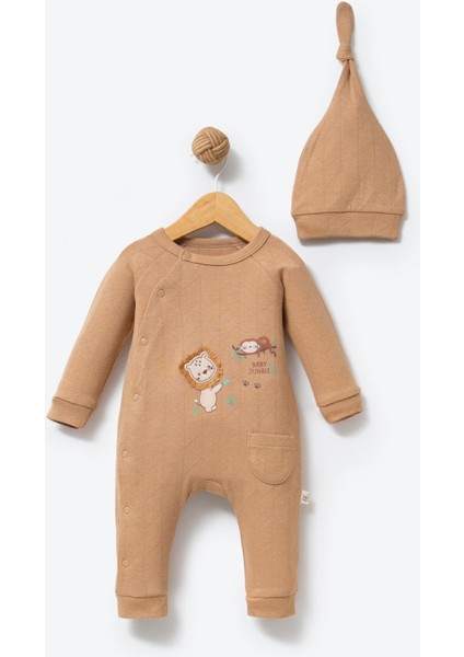 %100 Organik Pamuk Kumaş Baby Jungle Nakışlı Patiksiz Bebek Tulum