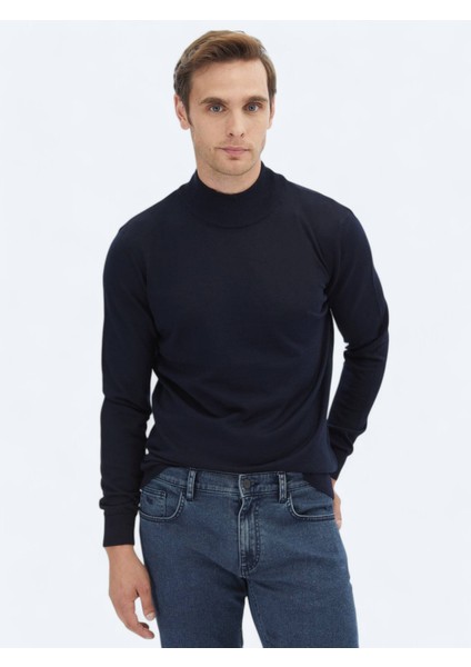 Lacivert Yarım Balıkçı Yaka Düz Örgü Yün Karışımlı Triko Kazak