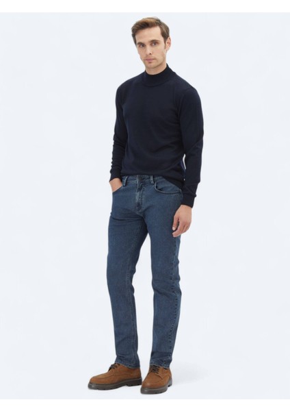 Lacivert Yarım Balıkçı Yaka Düz Örgü Yün Karışımlı Triko Kazak