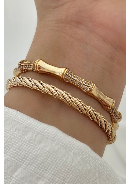 Özel Seri Bone Luxe Tasarım Zirkon Taşlı Kemik Model Kadın Çelik Kelepçe Altın