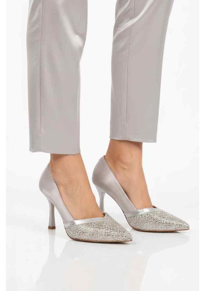 Gümüş Saten Taş Işlemeli Kadın Abiye Ayakkabı 357192 Z