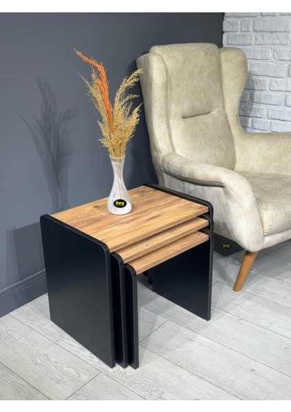 Lara Zigon Sehpa 3'lü Zigon Sehpa Yan Sehpa Siyah Çam