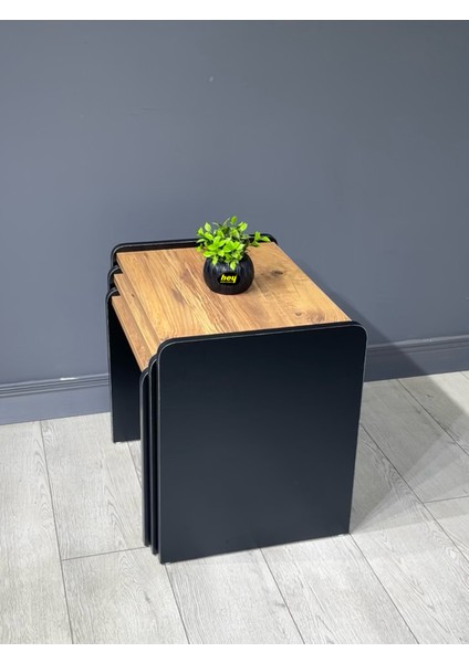 Lara Zigon Sehpa 3'lü Zigon Sehpa Yan Sehpa Siyah Çam