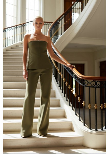 Şık Yazlık Keten Görünümlü Straplez Bluz ve Geniş Paça Pantolon Iki Parça Kadın Alt Üst Takım Spor