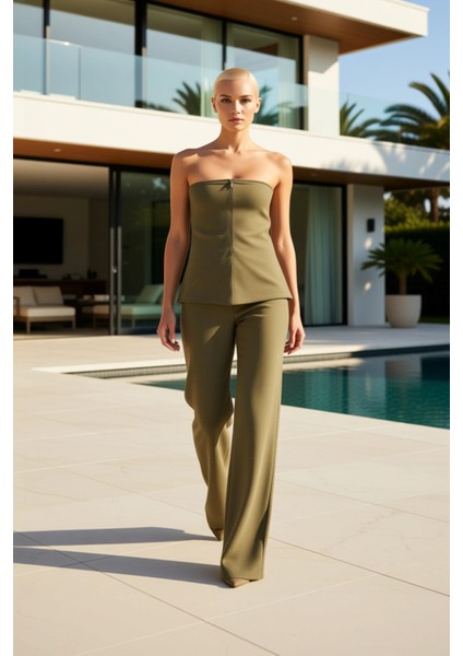 Şık Yazlık Keten Görünümlü Straplez Bluz ve Geniş Paça Pantolon Iki Parça Kadın Alt Üst Takım Spor fiyatları