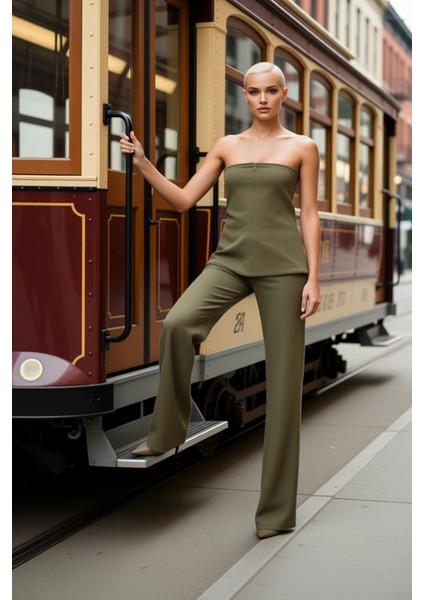 Şık Yazlık Keten Görünümlü Straplez Bluz ve Geniş Paça Pantolon Iki Parça Kadın Alt Üst Takım Spor modelleri