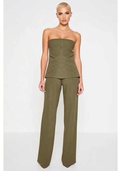 Şık Yazlık Keten Görünümlü Straplez Bluz ve Geniş Paça Pantolon Iki Parça Kadın Alt Üst Takım Spor fırsatları