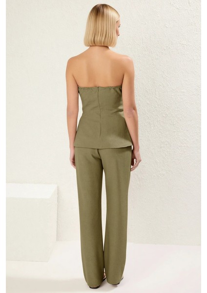 Şık Yazlık Keten Görünümlü Straplez Bluz ve Geniş Paça Pantolon Iki Parça Kadın Alt Üst Takım Spor indirimleri