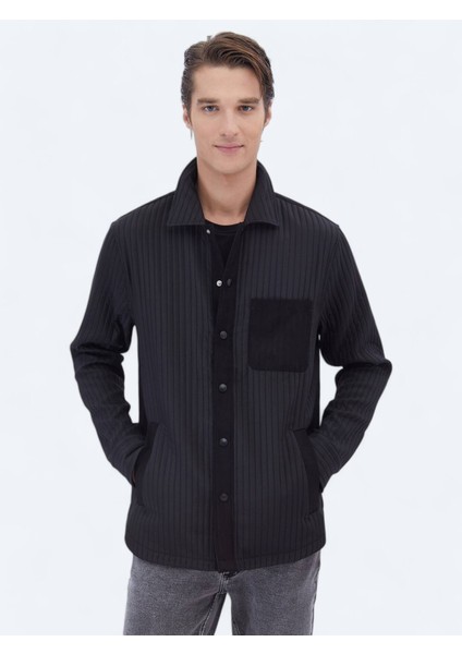 Siyah Düz Regular Fit Dokuma Overshırt