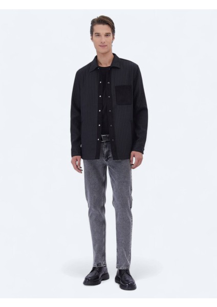 Siyah Düz Regular Fit Dokuma Overshırt